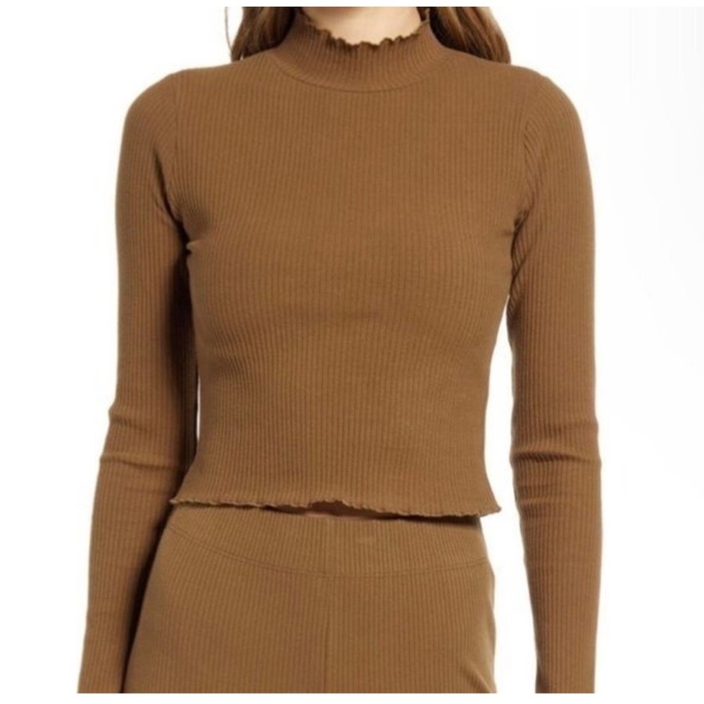 Good American Ribbed Mockneck Long Sleeve Top in Sepia Size 1 (Small) GT0218